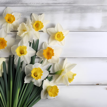 Bouquet of daffodils on a white wooden backgroundの素材