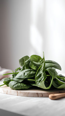 Fresh green spinach leaves on a wooden cutting board. Healthy food concept.の素材