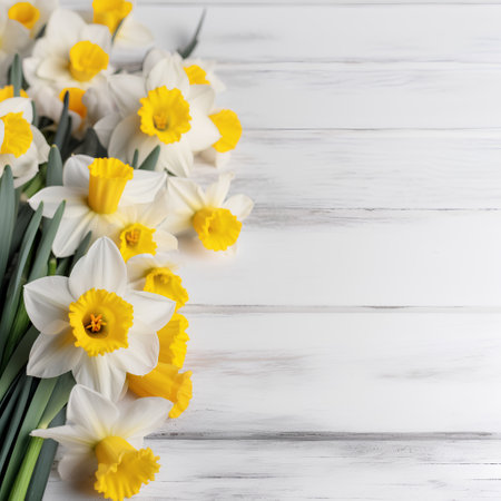 Bouquet of daffodils on a white wooden backgroundの素材