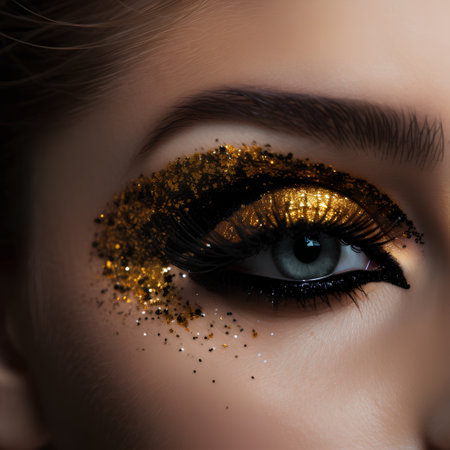 Beautiful female eye with golden glitter makeup. Close-up portraitの素材