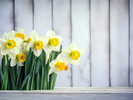 Bouquet of white and yellow daffodils on a wooden backgroundの素材