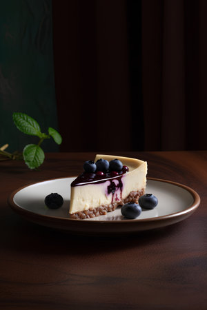 Delicious cheesecake with fresh blueberries and mint on a dark backgroundの素材