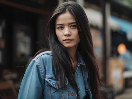 Beautiful young asian woman with long hair, wearing blue denim jacket, looking at camera.の素材