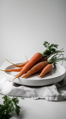 Bunch of fresh carrots on a white plate on a white backgroundの素材