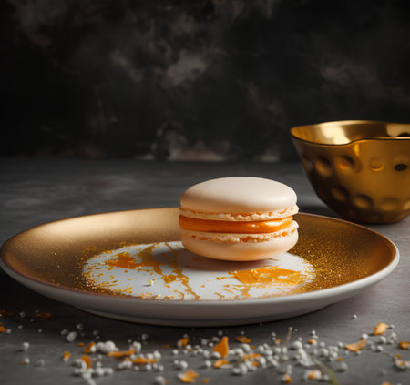Macaroon with orange and white icing on a golden plate on a dark backgroundの素材