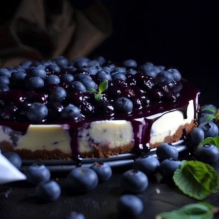 Blueberry cheesecake with fresh berries on black background, selective focusの素材