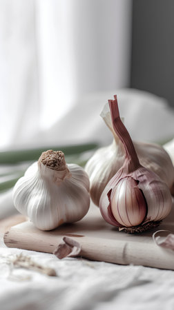 Garlic on a wooden board. Selective focus. Rustic style.の素材