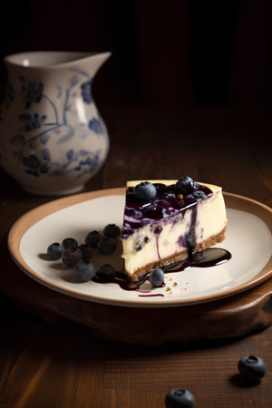 Blueberry cheesecake on a wooden background. Selective focus.の素材