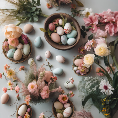 Easter eggs and spring flowers on a white background. Top view.の素材