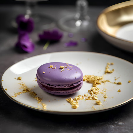 Purple macaroons on a white plate on a dark backgroundの素材
