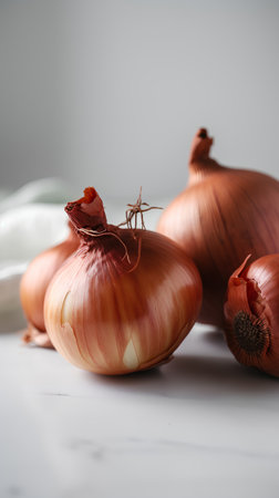 Fresh onions on a white background. Selective focus. Shallow depth of fieldの素材