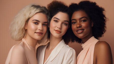 Multiethnic group of women with different skin colors posing at studioの素材