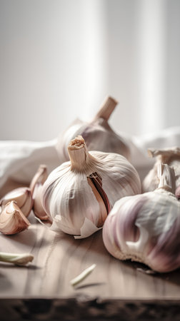 Garlic bulbs and cloves on a wooden cutting board. Selective focus.の素材