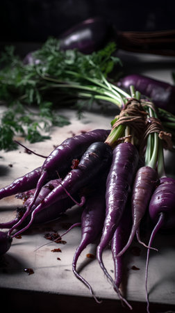 Purple carrots on a wooden table. Dark background. Selective focus.の素材