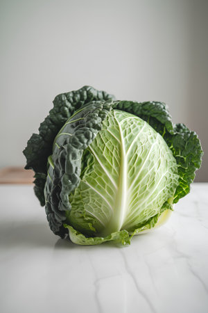 Fresh green savoy cabbage on white marble table. Selective focus.の素材