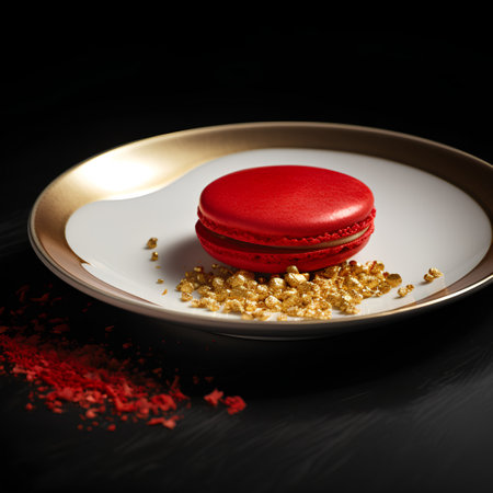 Red macaroon on a plate with gold glitter on a black backgroundの素材
