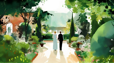 Bride and groom in the garden. Illustration on watercolor backgroundの素材