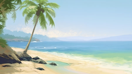Beautiful seascape with palm trees on the beach, vector illustrationの素材
