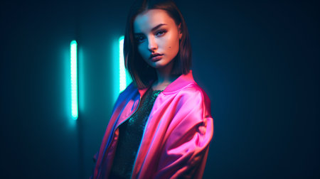 Fashion portrait of young woman in neon light. Beauty, fashion.の素材