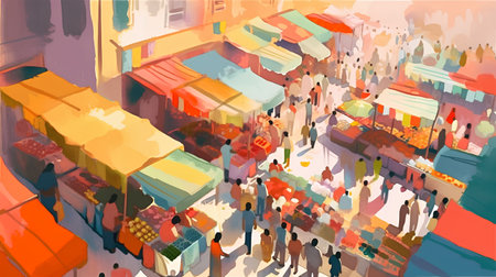 Illustration of people walking in a street market on a sunny dayの素材