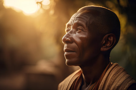 Portrait of a senior African man looking away at sunset or sunrise.の素材