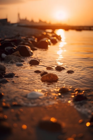 sunset over the sea with stones on the foreground and reflection in waterの素材