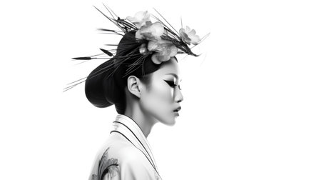 3D Illustration of a Japanese geisha with flowers in her hairの素材
