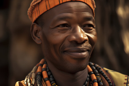 Portrait of an African man in traditional clothes smiling at the camera.の素材