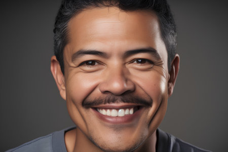 Portrait of a happy Indian man smiling at the camera over grey backgroundの素材