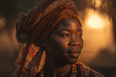 Portrait of a beautiful African woman with headscarf at sunsetの素材