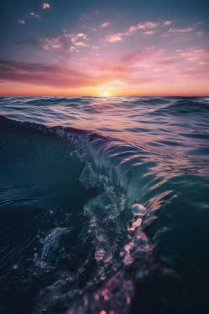 Beautiful sunset over the sea. Dramatic sky and waves.の素材