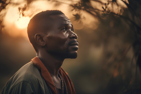 Portrait of a handsome African man in the forest at sunset.の素材
