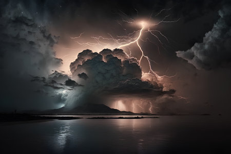 Image of stormy sky with lightning and thunderclouds over seaの素材