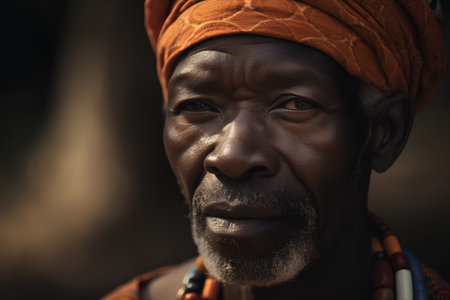 Portrait of an old African man in a red turban.の素材