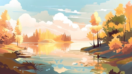 Autumn landscape with lake and forest. Vector illustration in retro styleの素材