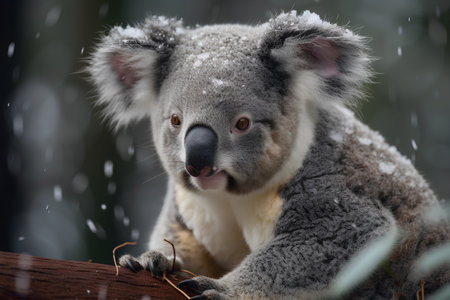 Cute koala bear sitting on a tree in the rain.の素材