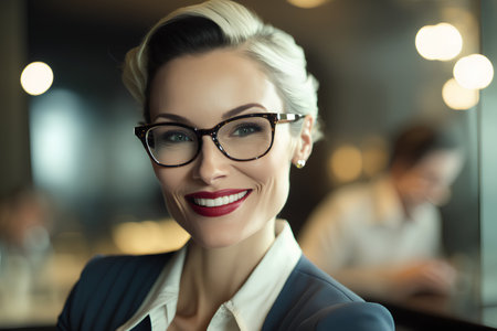 Portrait of beautiful businesswoman in glasses smiling and looking at cameraの素材