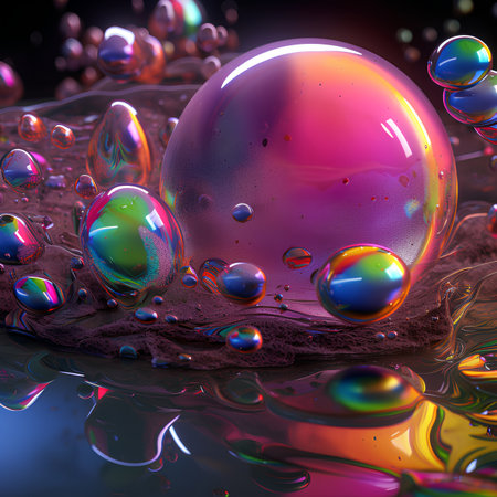 colorful soap bubbles with reflection on water surface. 3d illustrationの素材