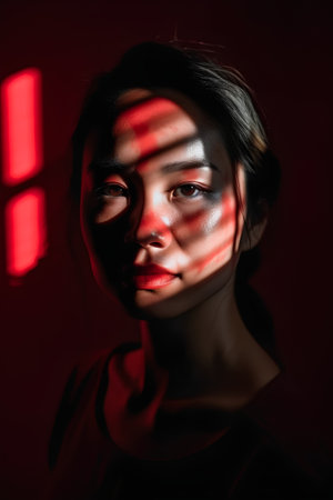Portrait of beautiful asian woman with red light on her faceの素材