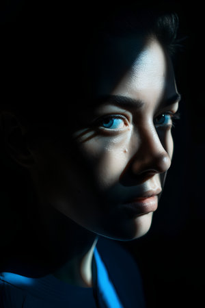 Portrait of a beautiful young woman with blue eyes in the darkの素材