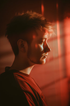 Portrait of a handsome young man on a red background. Men's beauty, fashion.の素材