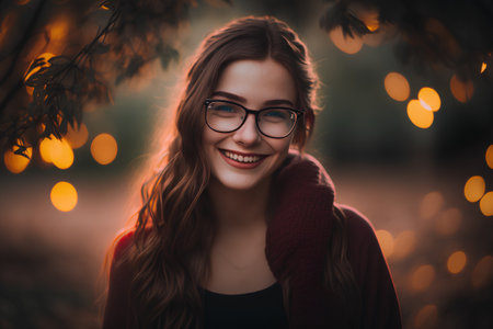 Portrait of a beautiful young woman in glasses on the background of the autumn forest.の素材