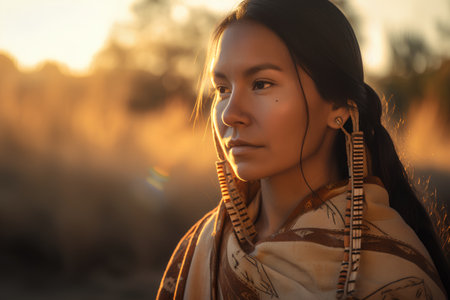 Portrait of a beautiful asian woman in the field at sunsetの素材