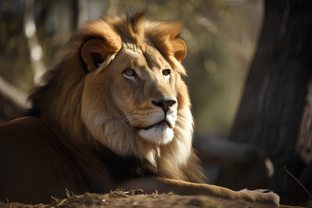 Male lion lying on the ground in the shade of a tree.の素材