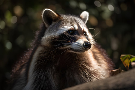 Portrait of a raccoon on a tree trunk in the forestの素材