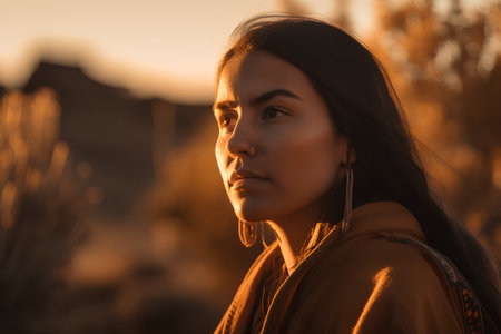 Portrait of a beautiful young woman in the mountains at sunset.の素材