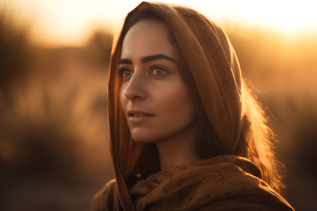 Portrait of a beautiful young woman in a brown scarf on a field at sunsetの素材