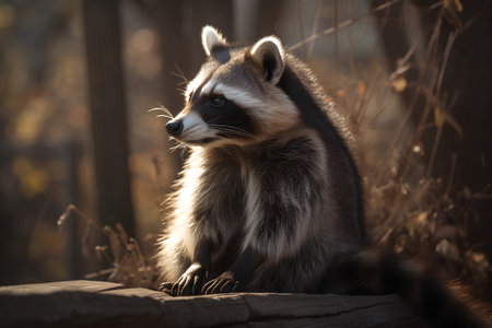 Raccoon sitting on a log in the evening sun light.の素材