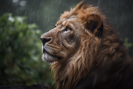 Portrait of a male lion in the rain. Wildlife scene from Africa.の素材