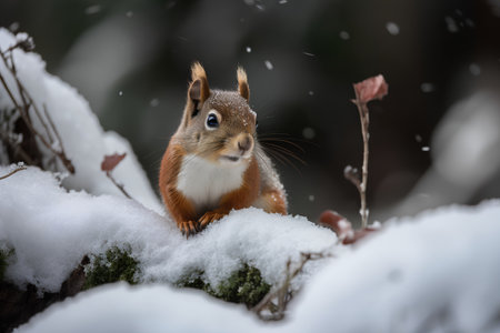 Eurasian Red Squirrel (Sciurus vulgaris) in the snowの素材